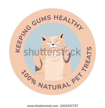 Tasty natural treats for pets. Contains useful ingredients supporting health of cats gums. Environmentally friendly packaging. Promotional banner or advertising, label or emblem, vector in flat style