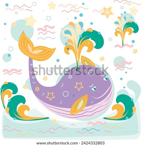 Illustration of a cute cartoon whale swimming in the sea. Vector illustration.