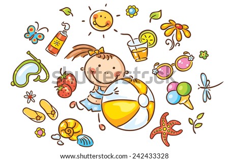 Little girl with a beach ball and many isolated summer things