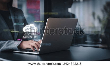 Businessman types on laptop for data storage, processing, and customer service evaluation, enhancing after-sales quality