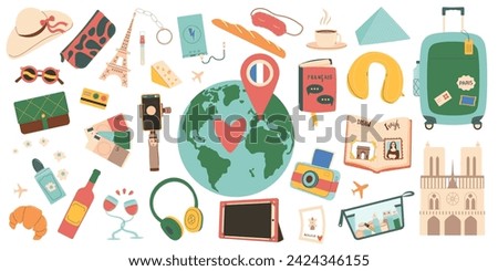 Travel France vector flat set isolated on white background. Plan tourism to Paris elements collection. Trip to Europe country for adventure and rest. Holiday weekend vacation. Flat illustration.