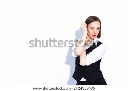 Positive Confident Caucasian Business Woman in White Shirt Posing With Hands Folded In Front Turned Back On White Background. Horizontal image