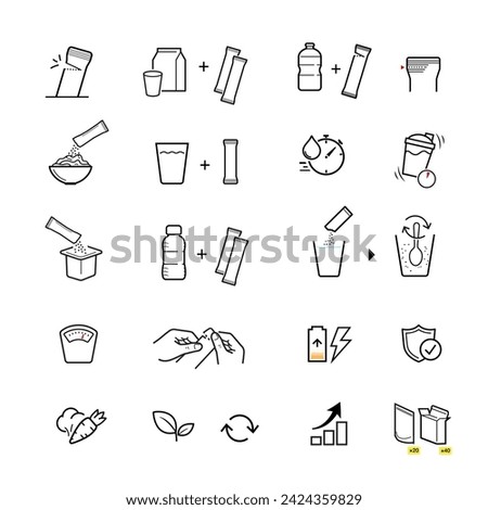 Icons of stick package bag set with samples, preparation instructions. Vector elements for infographics. Set of sign for detailed guideline. Ready for your design. EPS10. Royalty-Free Stock Photo #2424359829