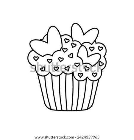 Cute cupcake with hearts. Doodle sweet dessert. Vector linear illustration.