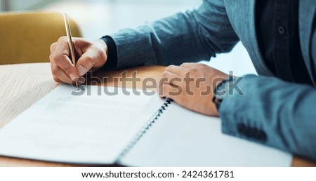 Lawyer hands, documents and signature for legal contract, agreement or terms and conditions in office. Business person, notary or attorney writing information, reading print and policy at law firm
