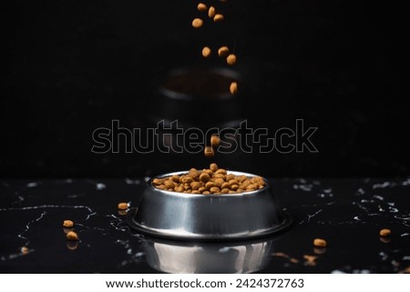 Brown cat or dog kibble in a metal bowl isolated top view close-up. Nutritious healthy diet pet food scattered around, falls and cascades the bowl. Dry cat or dog food spills from a bowl. Royalty-Free Stock Photo #2424372763
