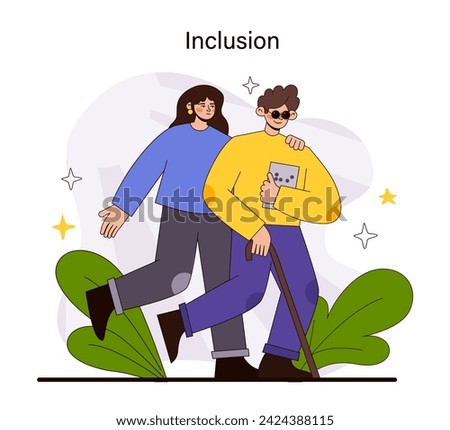 Inclusion concept. Joyful companionship with mobility aid, highlighting the warmth of an inclusive society. Celebrating diverse abilities and shared experiences. Flat vector illustration. Royalty-Free Stock Photo #2424388115