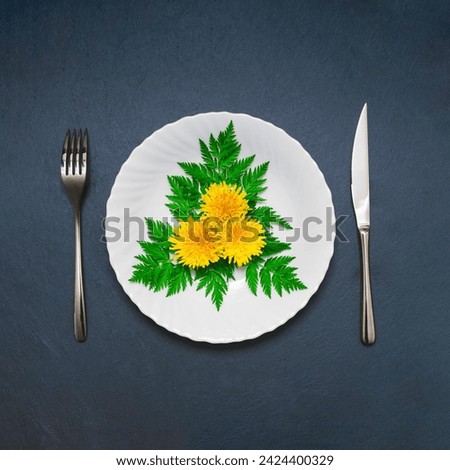 Light vegetarian herbal spring flower salad on a white plate surrounded by cutlery. Allegorical image of vegetarian food for weight loss Royalty-Free Stock Photo #2424400329