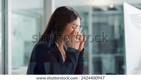 Business woman, headache and tired on computer for copywriting deadline, online planning and office stress. Young worker, editor or writer with eye strain, glasses and pain on desktop for research
