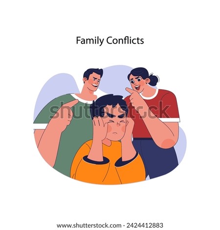 Family conflicts concept. Distraught boy covers ears while parents scream and threaten, depicting household tension and child distress. Dysfunctional family dynamics. Flat vector illustration Royalty-Free Stock Photo #2424412883