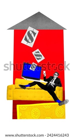 Young businessman sitting on couch, drinking coffee and working remotely on laptop with dollar signs. Online earnings. Contemporary art collage. Concept of work from home, business, employment