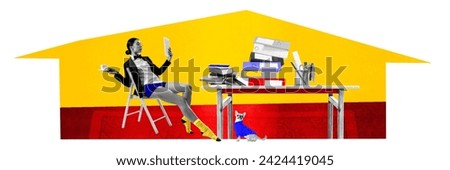 Businesswoman in formal wear sitting at table filled with many folders, drinking coffee and looking on tablet. Working with dog remotely. Contemporary art collage. Concept of work from home, business