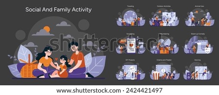 Social and family activities set. Joyful moments from travel to DIY, encompassing outdoor fun, caring for pets, and engaging in the arts. Captures leisure and bonding. Vector illustration Royalty-Free Stock Photo #2424421497