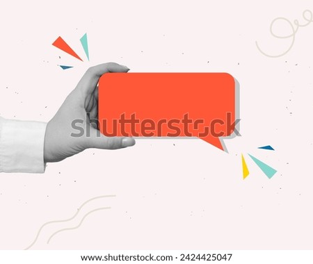 A hand holds a speech bubble with a copy space in a modern collage style Royalty-Free Stock Photo #2424425047