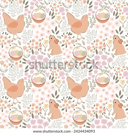 Gentle beige floral Easter bunny, hen, eggs in basket seamless pattern. Cute baby rabbit, tiny flowers, spring field. Pastel farm animal repeat background fabric cottage core wallpaper, textile design Royalty-Free Stock Photo #2424434093