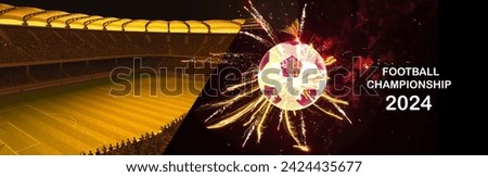 Banner. Soccer stadium, with black and white soccer ball in net of goal as fireworks explode. Soccer Championship 2024. Concept of sport games, football match, world cup tournament, betting.