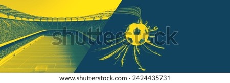 Banner. Green-yellow duotone image of soccer ball in net at stadium. Negative space for text. Soccer championship 2024. Concept of professional sport games, football match, world cup tournament.