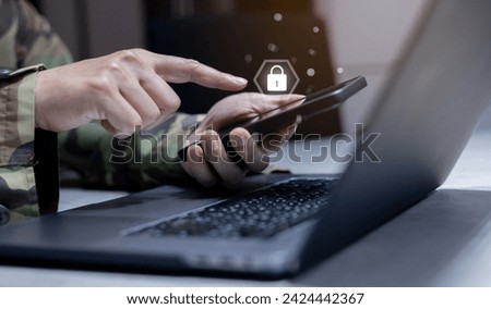 close up soldier man hand use smartphone check authorization to access security data with security and privacy virtual icon for military operation control system concept