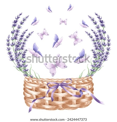 Lavender flowers and butterflies in wicker basket with bow and ribbons. Watercolor illustration. Isolated hand drawn Provence bouquet. Vintage drawing template for card, tableware, textile, embroidery