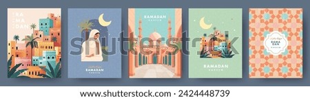 Ramadan Kareem Set of posters, cards, holiday covers. Arabic text mean Ramadan Kareem. Modern design in pastel colors with pattern, mosque, old city, moon and stars, beautiful woman at the arch window Royalty-Free Stock Photo #2424448739