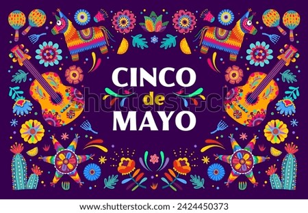 Cinco de mayo banner. Cartoon vector card with Mexican festive items for holiday celebration. Guitar, maracas, pinata and lemon slice, cacti flowers and floral decor in traditional alebrije style Royalty-Free Stock Photo #2424450373
