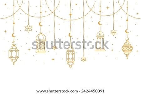 Ramadan Kareem and Eid Mubarak Arabian lamp lanterns decorations, vector background. Islam holiday Muslim ornament of golden stars, crescent moon and hanging lantern lamps for Ramadan Kareem greeting Royalty-Free Stock Photo #2424450391