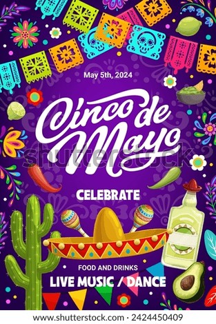 Cinco de mayo holiday flyer or banner for Mexican fiesta celebration, vector background. Mexico 5 May holiday festival or party event poster with sombrero, tequila, avocado and papel picado flags Royalty-Free Stock Photo #2424450409