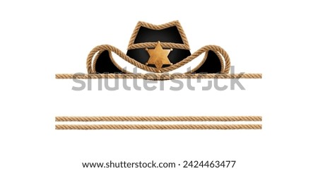 Rope cowboy hat and sheriff star on white background