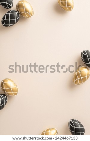 Easter piety occasion concept. Top-view vertical image of regal black and gold eggs, orderly distributed on a pastel beige groundwork, with blank space for inscriptions or promotional material Royalty-Free Stock Photo #2424467133