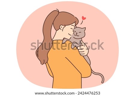 Happy young woman holding in arms fluffy cat show love and care to pet. Smiling girl cuddle kitten. Domestic animals and ownership. Vector illustration. Royalty-Free Stock Photo #2424476253