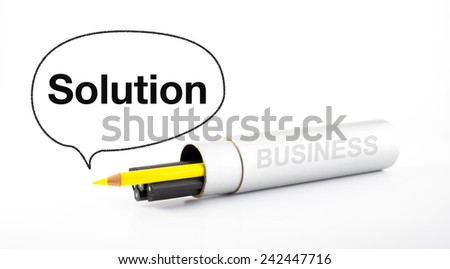 yellow pencil outstanding from black pencil with speech bubble and Solution word on white background, business concept