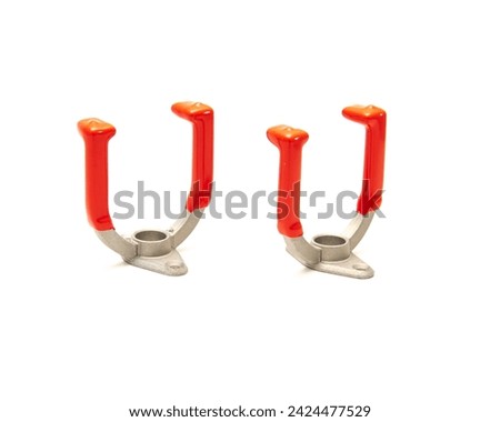 Studio photo of two zinc alloy U-Hooks with red finishes steel handle isolated on white background, garage storage utility U-Hooks mount to drywall, wood stud using screw, clipping path. Copy space