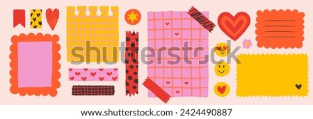 Paper valentine memo notes on stickers. Vector vintage sticky notes and pages with torn edges