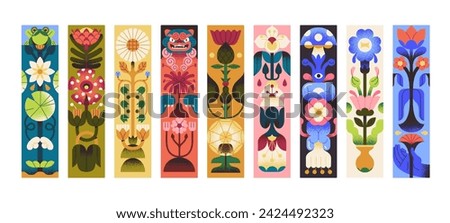 Decorated paper bookmarks with nature set. Page tags with modern floral print, botanical pattern. Abstract flower, stylized leaves, colored plants for book mark design. Flat vector illustrations