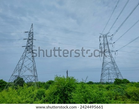 Power transmission lines and pole, electrical supply photography, natural outdoor background 