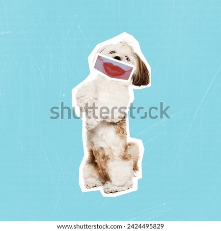 Contemporary art collage. Funny and cute purebred dog with human mouth expressing ridicule. Animals with human facial expression. Concept of surrealism, fun and humor, creativity, inspiration.