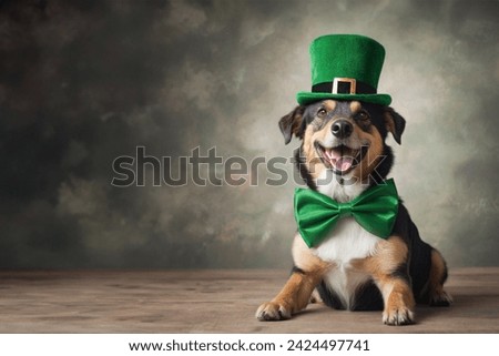 Happy dog celebrating St. Patrick's Day, close-up. A young dog in a leprechaun hat. St. Patrick's Day theme concept. Copy space.