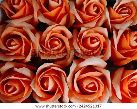 Real touch hot sale artificial flower(elegant box of peach orange Roses) decorative ornamental flowers close up hd hi-res jpg stock image photo picture selective focus landscape background top view