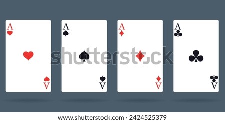 Set of playing cards isolated four poker game objects isolated on background. Hearts, spades, diamonds, clubs cards sign. Poker, gambling concept. Template for casino, web design. 
