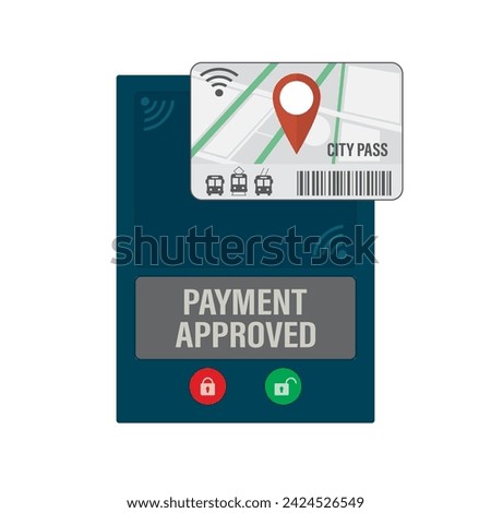 Terminal for contactless payment of public transport fares. City pass, transport card. Tourist ticket. Access control in transport. Plastic or paper card for passenger. Flat Vector illustration