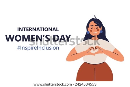 International Women's Day. IWD. 8 march. Celebrating theme Inspire Inclusion. A young girl shows a heart. Heart hands.  Royalty-Free Stock Photo #2424534553