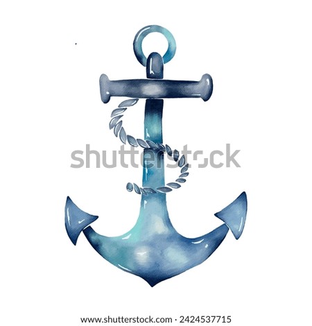 Vector anchor clip art isolated  on white background. Anchor print design in watercolour style, blue color palette. Children's Illustration 
