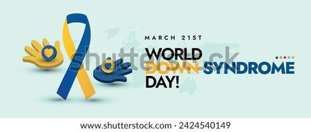 World Down Syndrome day. March 21, World down syndrome day celebration cover banner with ribbon and hand prints in yellow and blue colour. Down syndrome day conceptual banner, cover template.  Royalty-Free Stock Photo #2424540149