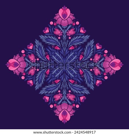 Vector floral kaleidoscope illustration for Valentines day. Decorative folk art card with geometric symmetrical pink flowers, hearts and stems on violet background. Floral arrangement
