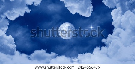 Night sky full moon and shining stars among cloud. Stretch ceiling sky model.