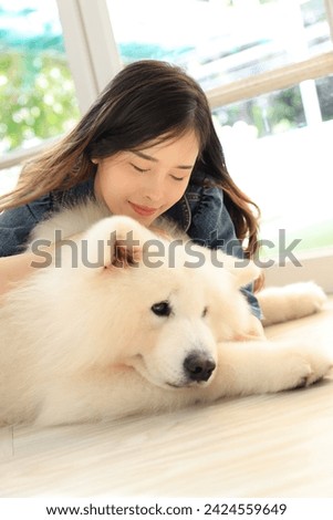 Beautiful asian woman posing with lovely friendly samoyed breed of medium-sized herding dogs with thick, white, double-layer coats at home, companion animal, family, friendship, life balance concept.