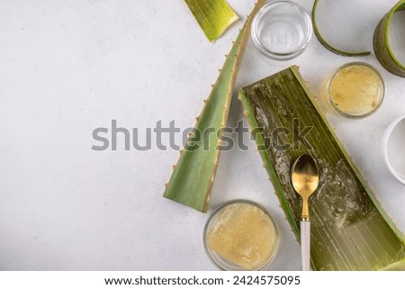 Aloe Vera Making - Homemade Organic Raw Aloe Vera Cosmetics, Drinks and Food. Women's hands in the pic dissect and cut an aloe leaf, making, Squeezing  gel and juice