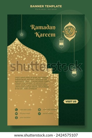 Portrait banner with sparkle in green yellow background with line art of lantern and star for ramadan kareem design. arabic text mean is ramadan kareem. green islamic banner design