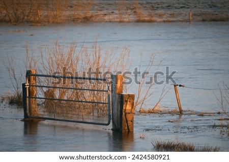 fence in the water in winter at sunset, photo as a background, digital image