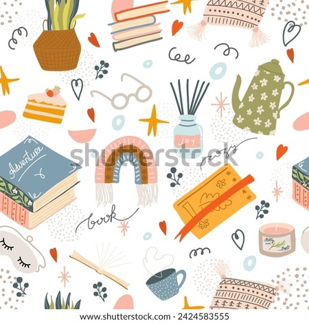 Cozy book reading atmosphere flat colored illustration. Education, study or leisure concept. Vector seamless pattern Royalty-Free Stock Photo #2424583555
